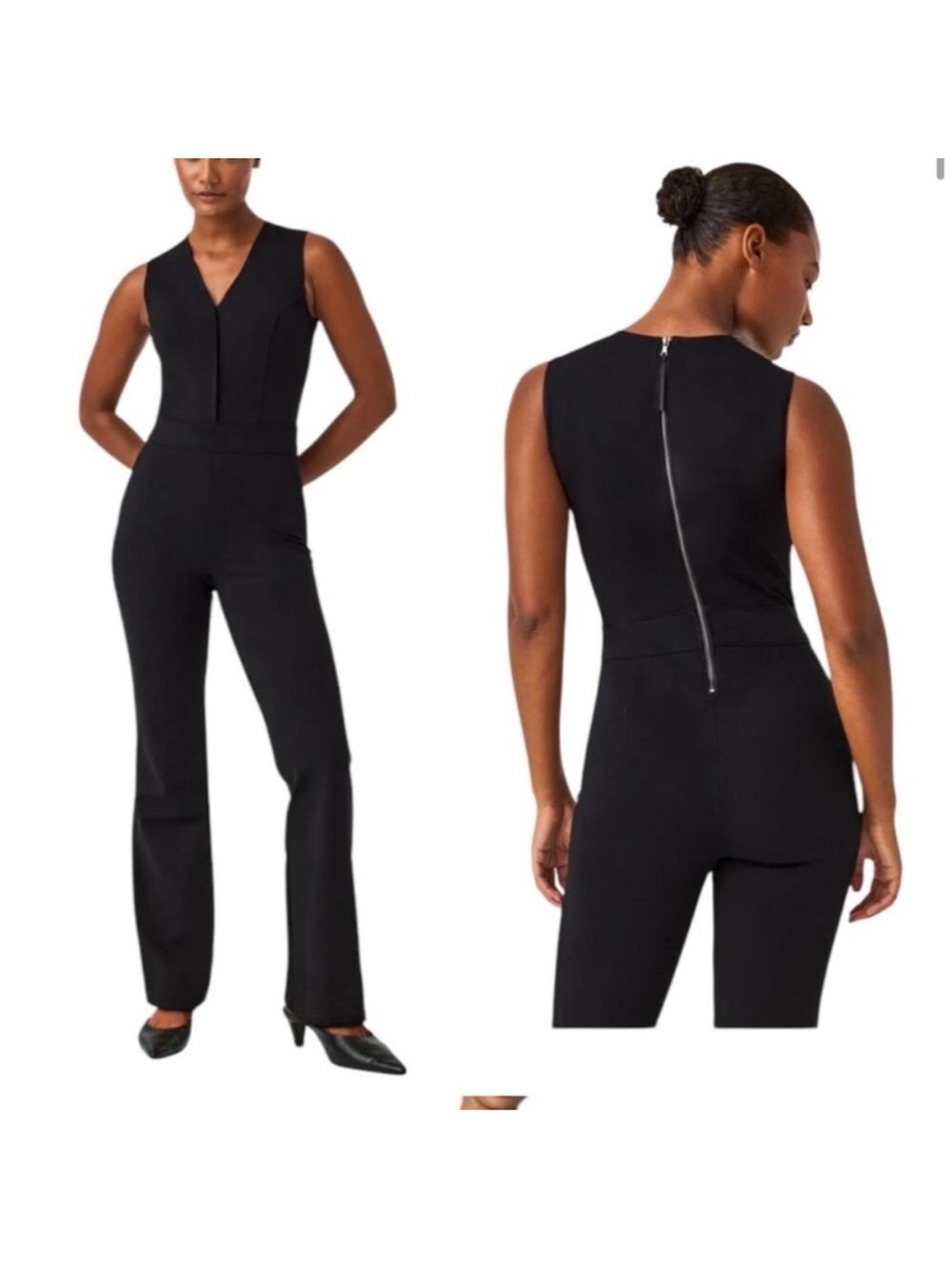 SPANX The Perfect Sleeveless Flare Jumpsuit Black Ponte Knit Shaping One Piece L